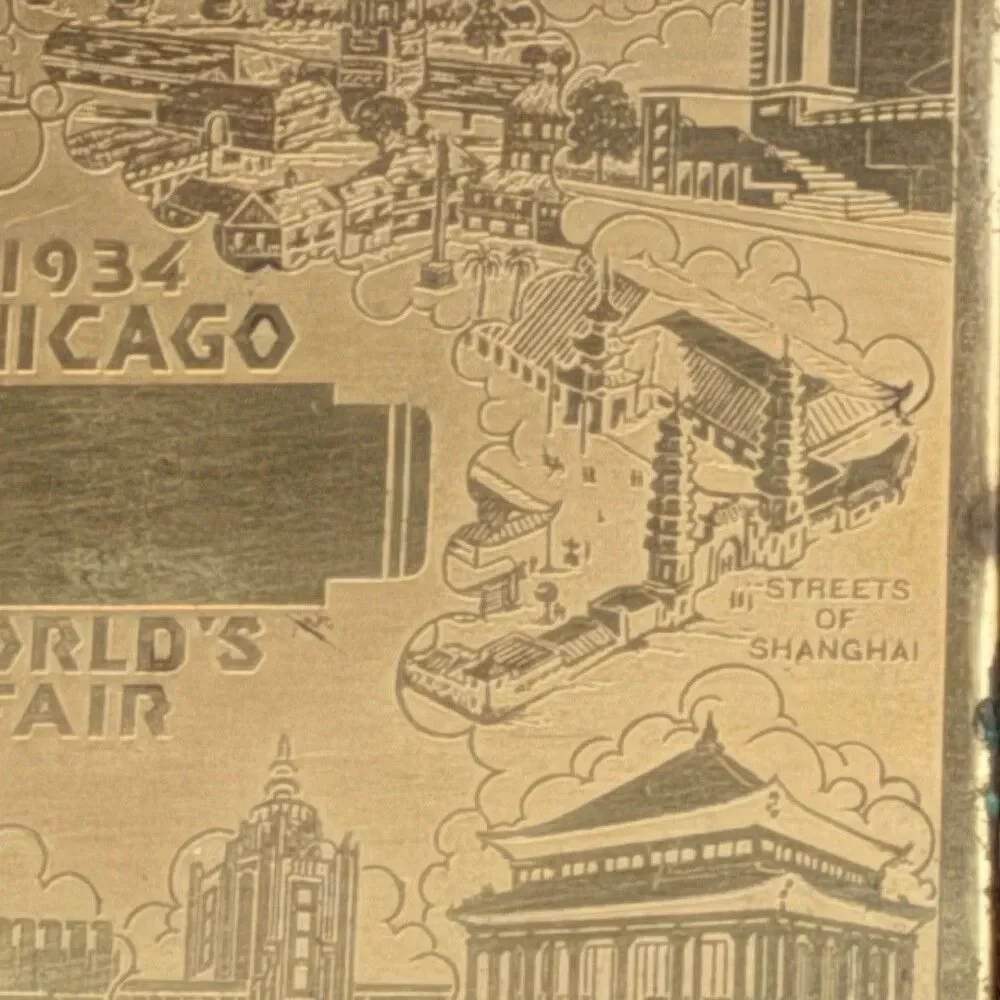 1934 Chicago Worlds Fair Etched Brass Souvenir Plate Century Of Progress 5”x4”